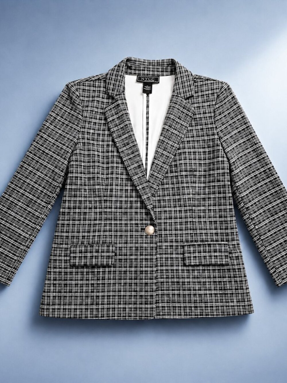 NYCC Black White Plaid One Button Stretch Career Blazer Jacket
